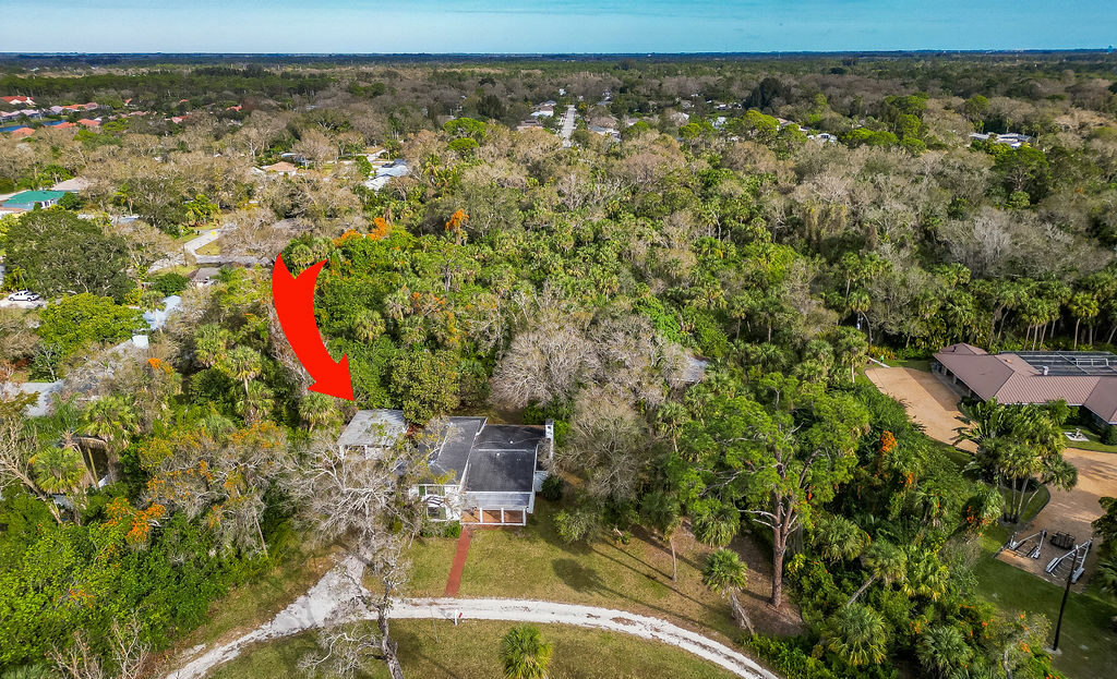 An aerial view of a home with trees and a red arrow.